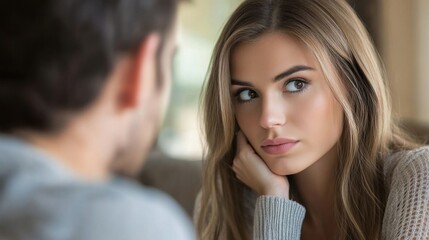 Naklejka premium Young woman engaged in thoughtful conversation with a professional demeanor