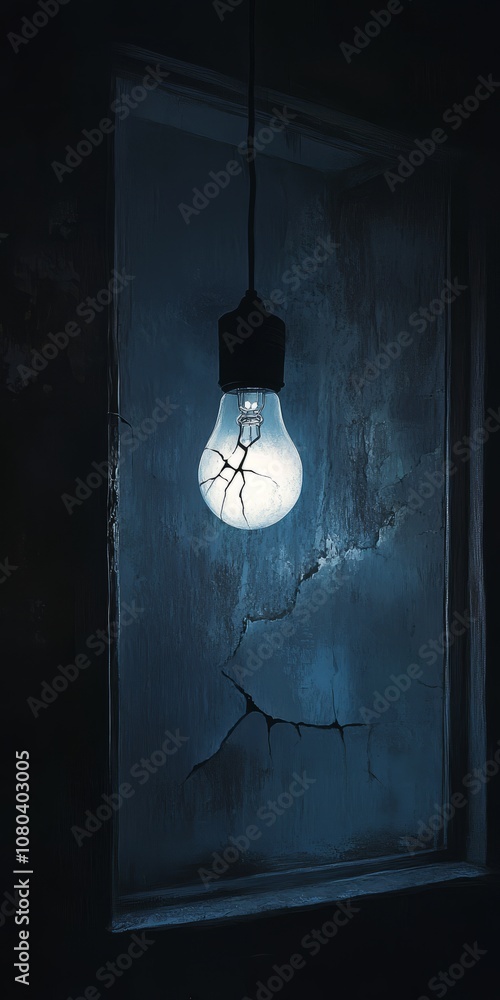 Poster a light bulb hanging from a window. the light is shining through the window and illuminating the roo