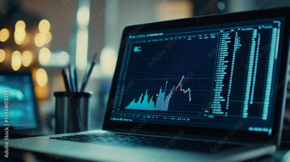 Poster a laptop displays financial data analysis with graphs and charts during a work session at a modern o