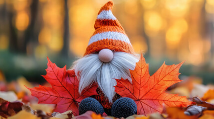 A cute gnome wearing an orange and white striped hat, with his back to the viewer as he is holding on to two large maple leaves that have red fall colors