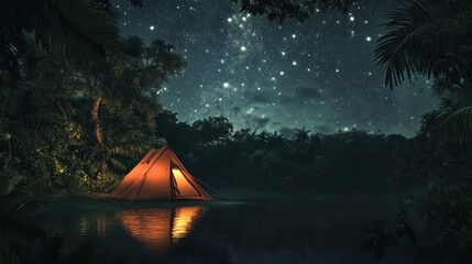 A softly glowing tent surrounded by lush jungle stars filling the sky