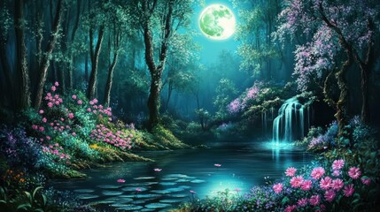 A night forest with luminescent flowers and moonlit twisted tree vines