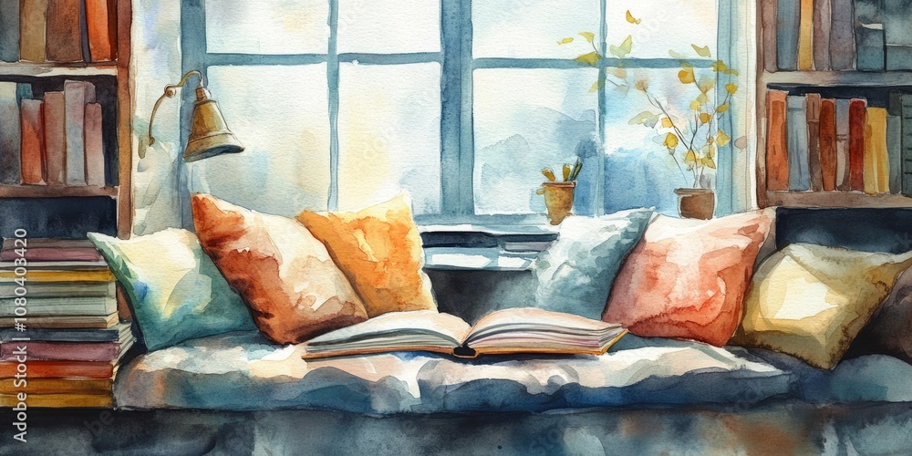 Aufkleber a book is open on a couch with pillows on it. the couch is in front of a window