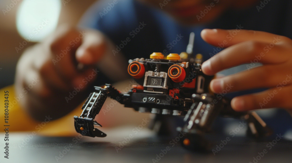 Poster a child focuses intently on assembling a small robot in a cozy indoor space during a creative aftern