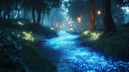 A serene landscape with glowing bioluminescent plants and soft mist