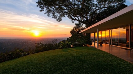 Obraz premium Modern house with stunning sunset view over the lush landscape.