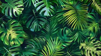 A seamless pattern of lush green tropical leaves.