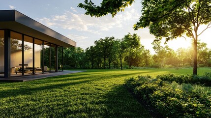 Fototapeta premium Modern house with large windows, surrounded by lush green gardens at sunset.
