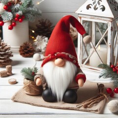 Obraz premium DIY gnome on a white wooden background for country style Christmas decor. AI generated.