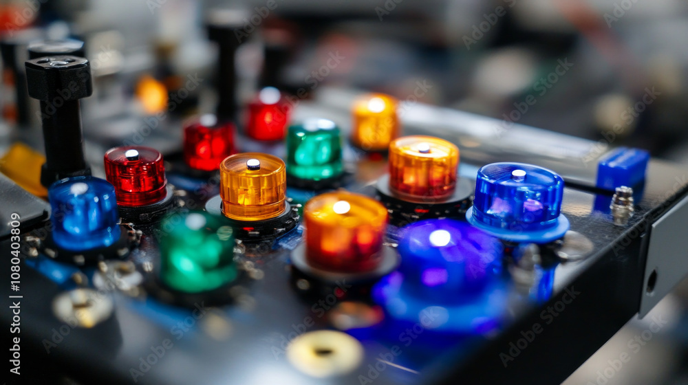 Poster colorful buttons on a robotic console in a modern workshop setting during daytime highlighting intri