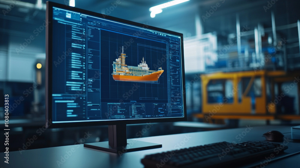 Poster computer screen displaying a detailed simulation of a maritime vessel design in a modern workspace