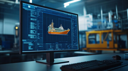 Computer screen displaying a detailed simulation of a maritime vessel design in a modern workspace