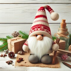 Obraz premium DIY gnome on a white wooden background for country style Christmas decor. AI generated.