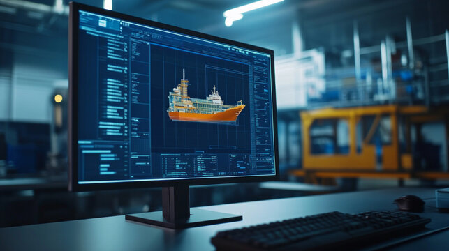 Computer screen displaying a detailed simulation of a maritime vessel design in a modern workspace
