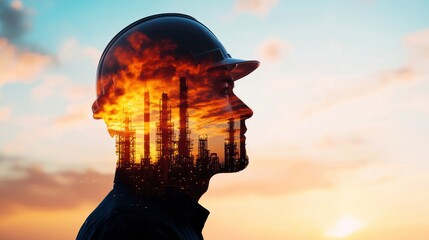 Worker silhouette with industrial landscape and sunset background.