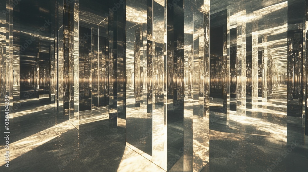 Poster a mesmerizing view of a mirror maze with golden reflections, creating an abstract and futuristic atm