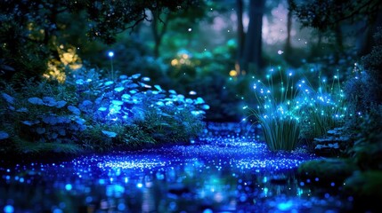 Soft lights from bioluminescent plants illuminate a serene forest pond