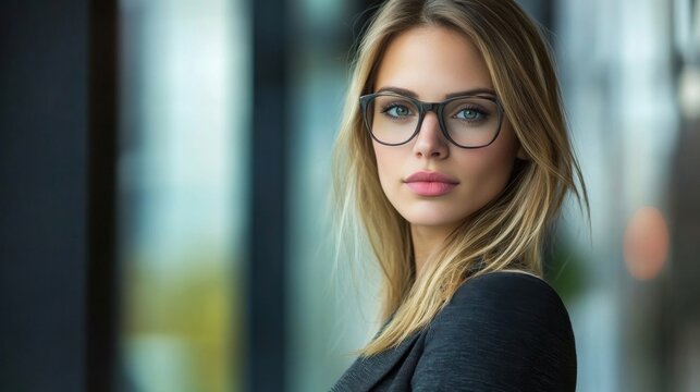 Confident woman in glasses with professional attire and modern surroundings