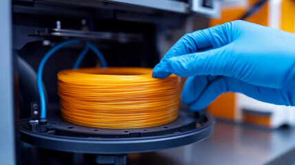Loading medical-grade filament into a 3D printer for precise fabrication in a laboratory setting