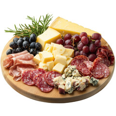 Charcuterie Board with Cheeses, Cured Meats, Grapes, and Rosemary on Wooden Serving Platter PNG Icon on transparent background