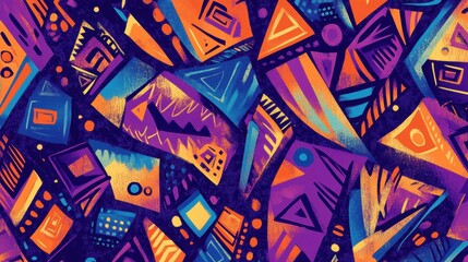 Bold geometric shapes in playful boho wallpaper with doodles and light effects background