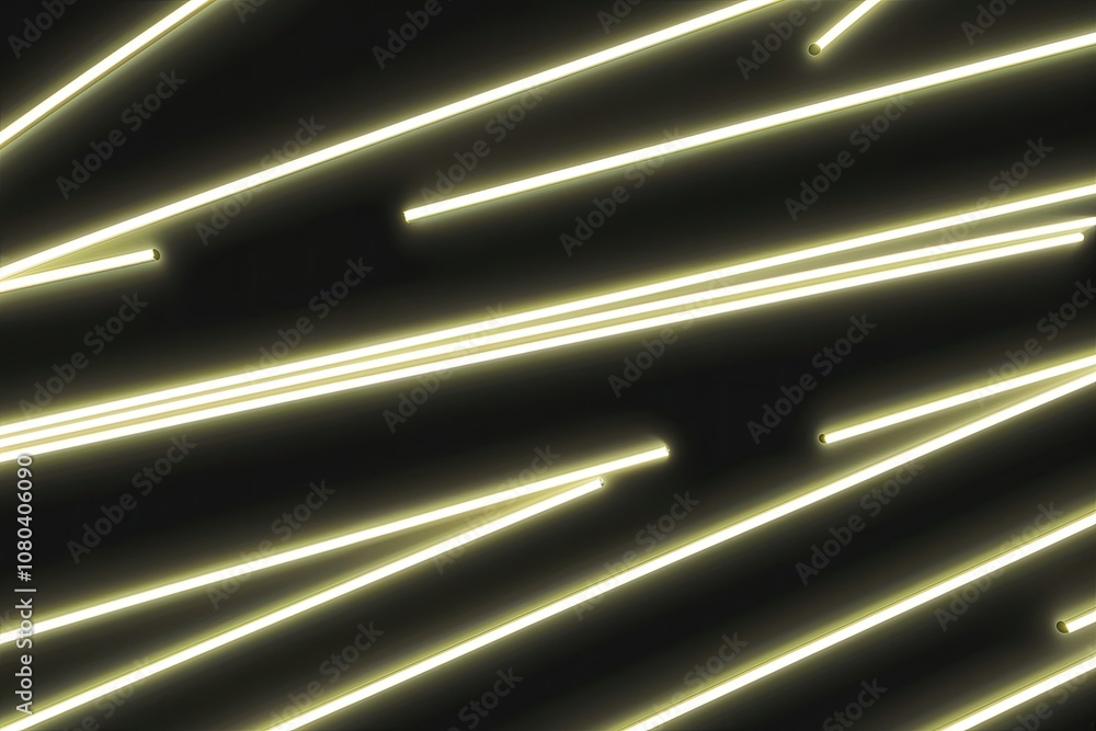 Poster luminous 3d neon patterns with glowing elongated lines on shadowy black background