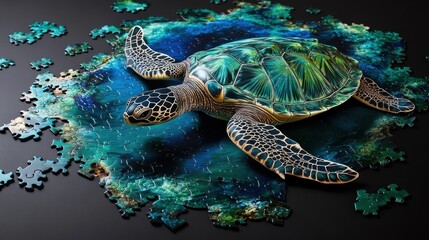 Fototapeta premium Vivid sea turtle puzzle shell and water textures reflecting light on table background