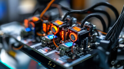 Detailed view of a sensor array on a robot showcasing intricate components and vibrant lights during a technology demonstration