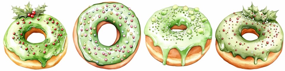 Watercolor of Christmas bakery. Four festive donuts decorated with green icing, sprinkles, and holly, embodying a cheerful holiday spirit.