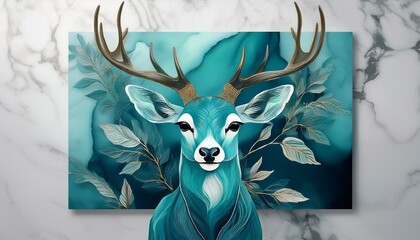 Turquoise Deer on Marble: Tranquil Nature Canvas Art"