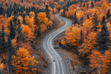Naklejka premium A serene dirt road meandering through a forest of vibrant autumn foliage and colorful trees