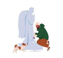 Male character making ice sculptures in winter. Man holding chisel and hammer and making angel figure from ice cartoon flat vector illustration on white background. Wintertime leisure outdoor activity