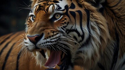 Fototapeta premium The Bengal tiger bares its fangs, revealing a fierce and powerful expression.