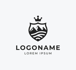 Crowned Shield with Mountain Logo. Elegant and Minimal Adventure Logo Design with mountains