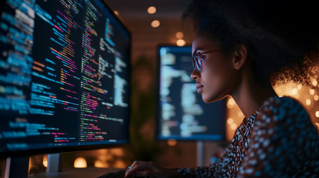 A woman focused on coding through multiple computer screens in a dimly lit workspace during the evening