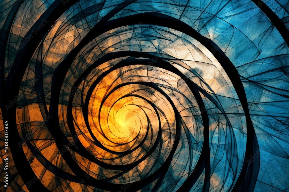 Poster dynamic abstract spiral with vibrant blue and orange hues, creating a captivating visual effect.
