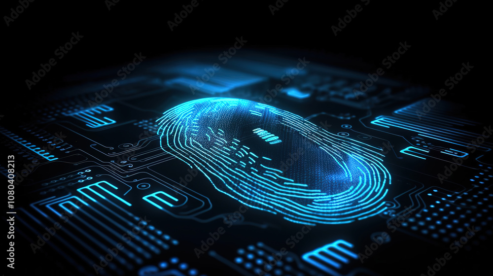 Poster superb cyber security concept by the thumb is used to scan a fingerprint on screen