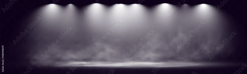 Poster dual spotlights shining down in a dark, misty atmosphere, creating a dramatic stage or stadium effec