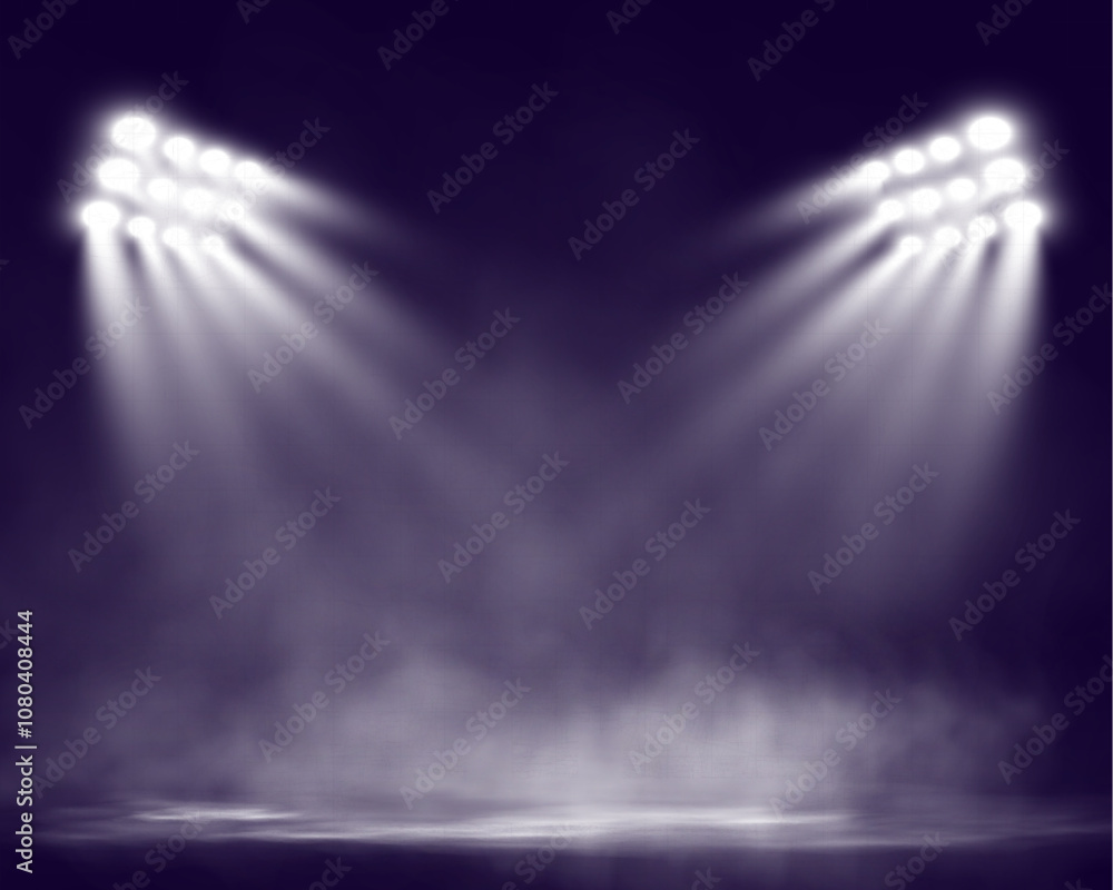 Poster dual spotlights shining down in a dark, misty atmosphere, creating a dramatic stage or stadium effec