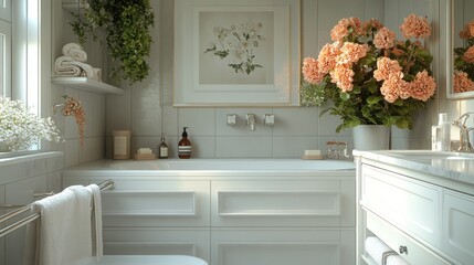 Elegant bathroom with floral decor and natural light.