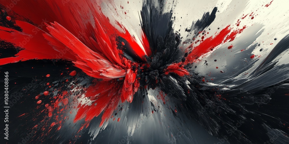 Poster Dynamic abstract art with bold red, black, and white paint strokes creating a sense of explosive energy and movement.