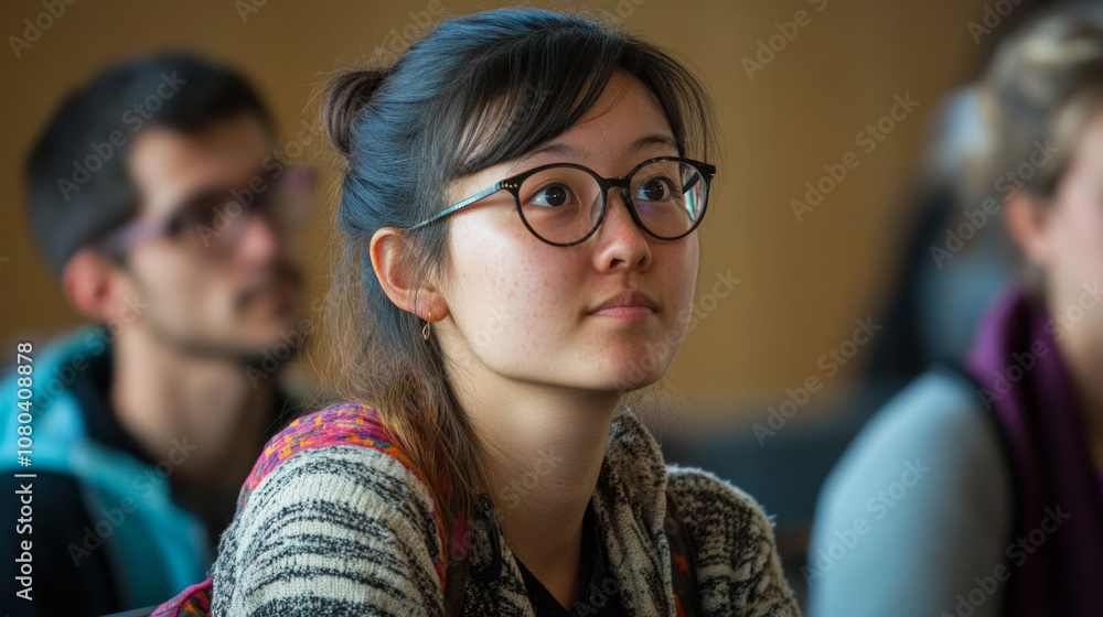 Poster a thoughtful member listening intently during a discussion in a cozy classroom setting, engaged in l