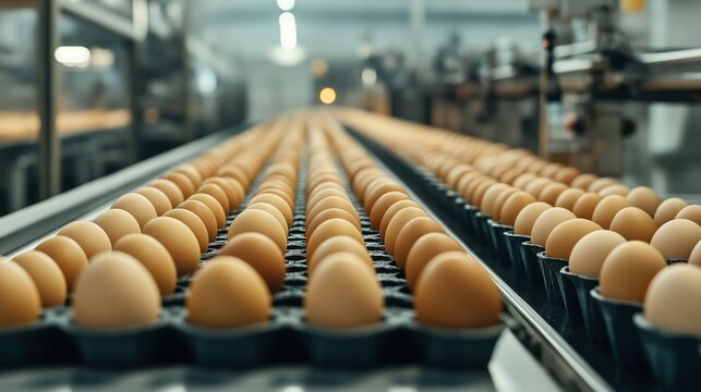 A conveyor belt with rows of brown eggs in a modern egg processing facility, with blurred industrial machinery in the background.