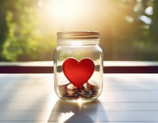 A clear coin jar with a red heart printed on it, charity concept.