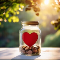 A clear coin jar with a red heart printed on it, nature background, charity concept, love and hope.