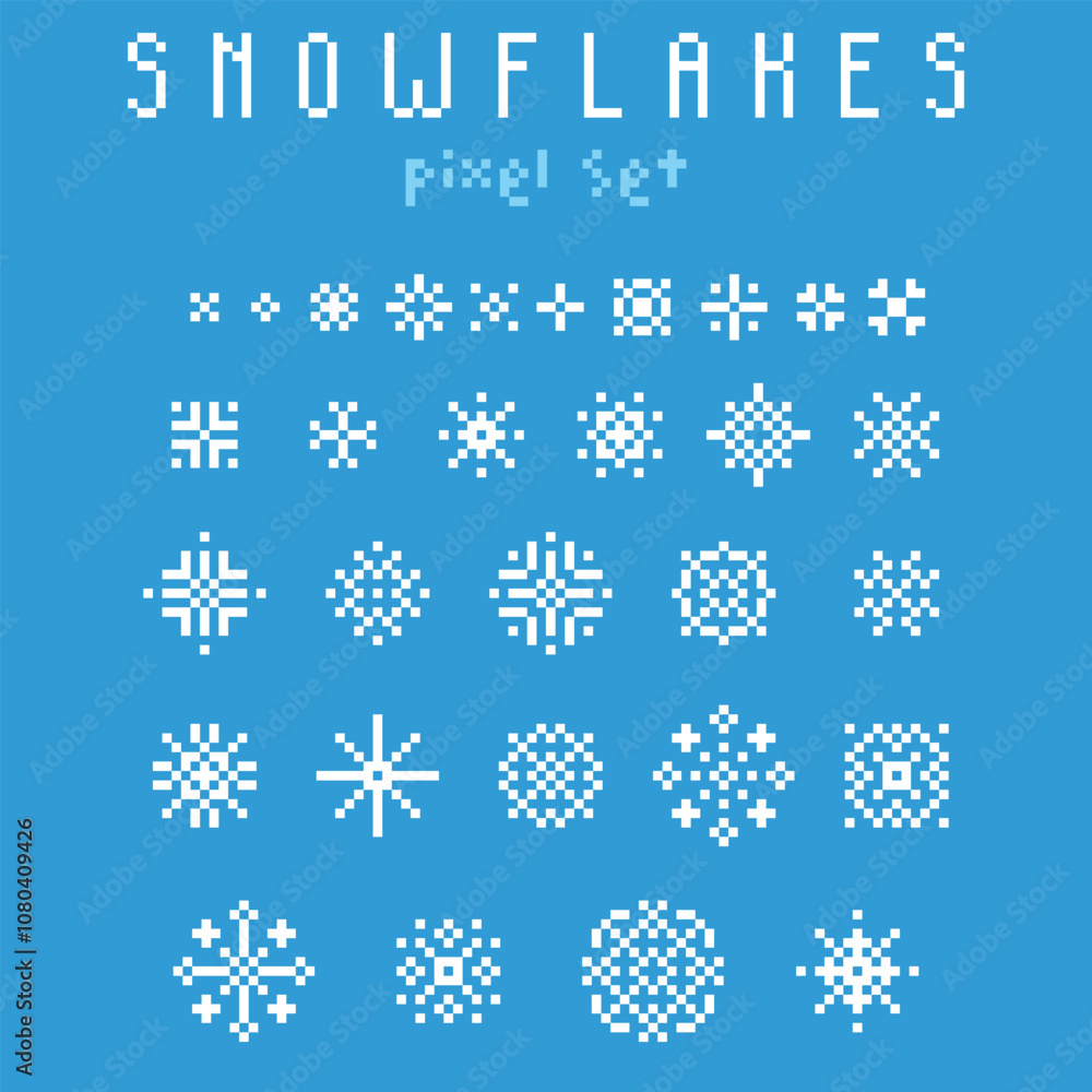 Poster pixel art snowflake set. winter retro video-game element collection. 90s aesthetics, 8-bit vector il