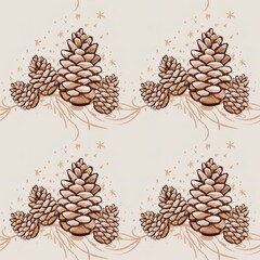 Seamless repeating pattern featuring stylized rustic brown pine cones and subtle vintage botanical elements, ideal for winter holiday backgrounds.