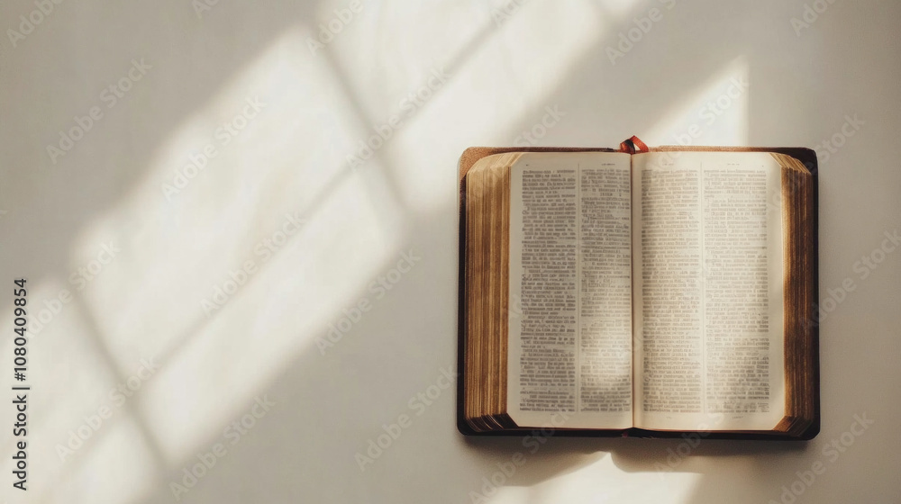 Poster A beautifully detailed open book resting on a light-colored surface illuminated by soft natural light in a tranquil setting