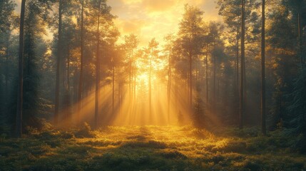 Serene forest at sunrise with golden rays piercing through trees.