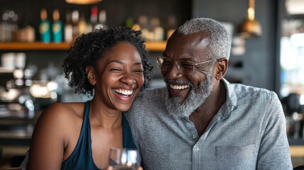 A joyful couple shares laughter over drinks at a cozy café, enjoying a sunny afternoon together in a vibrant city atmosphere